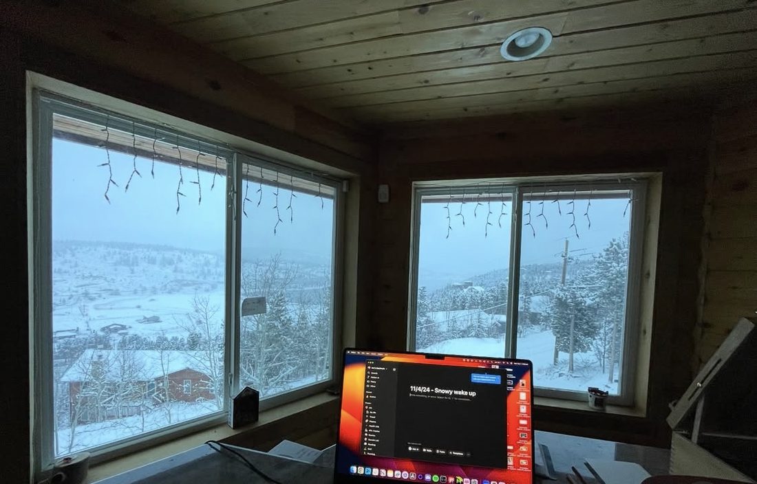 Snowy cabin workspace
